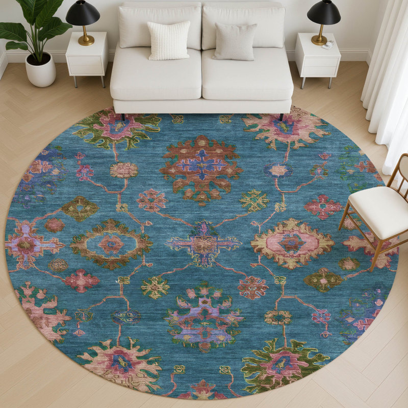 Premium Machine Washable Mayfield AMF2046 Global Rug, Teal, 8' Round