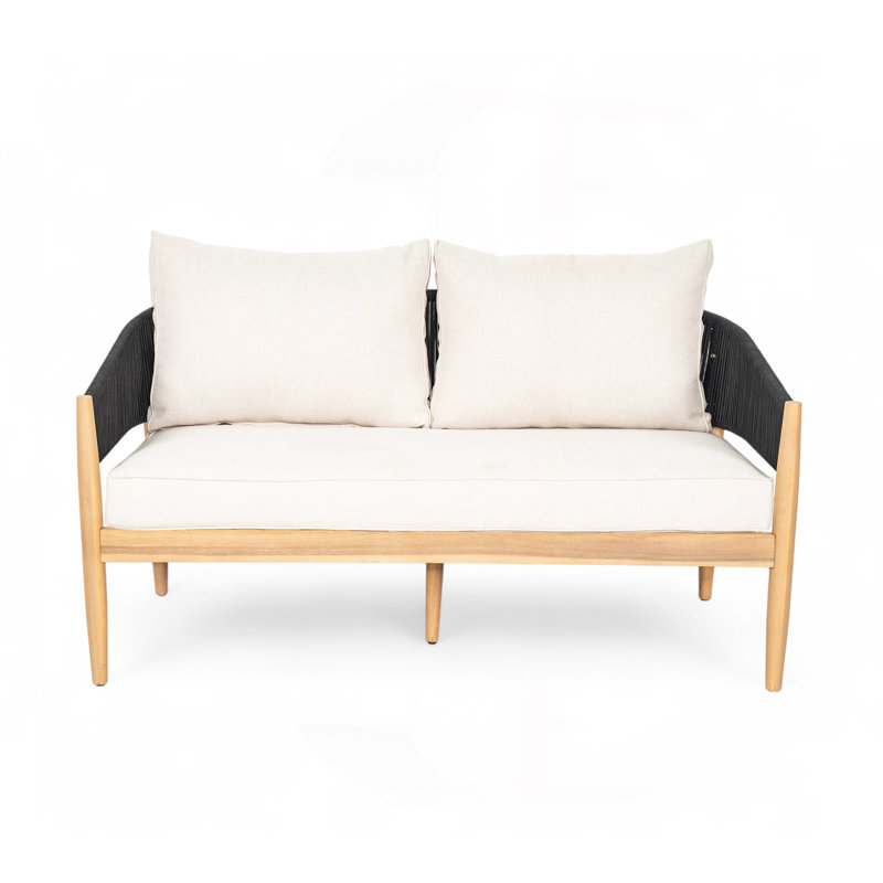Verona Outdoor Patio Acacia Wood Loveseat, Natural Finish Wood, Beige Cushion, Black Rope, Black/Natural