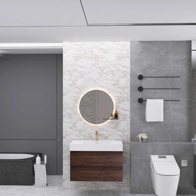 Meuble-lavabo simple Nihat, Blanc, Noyer