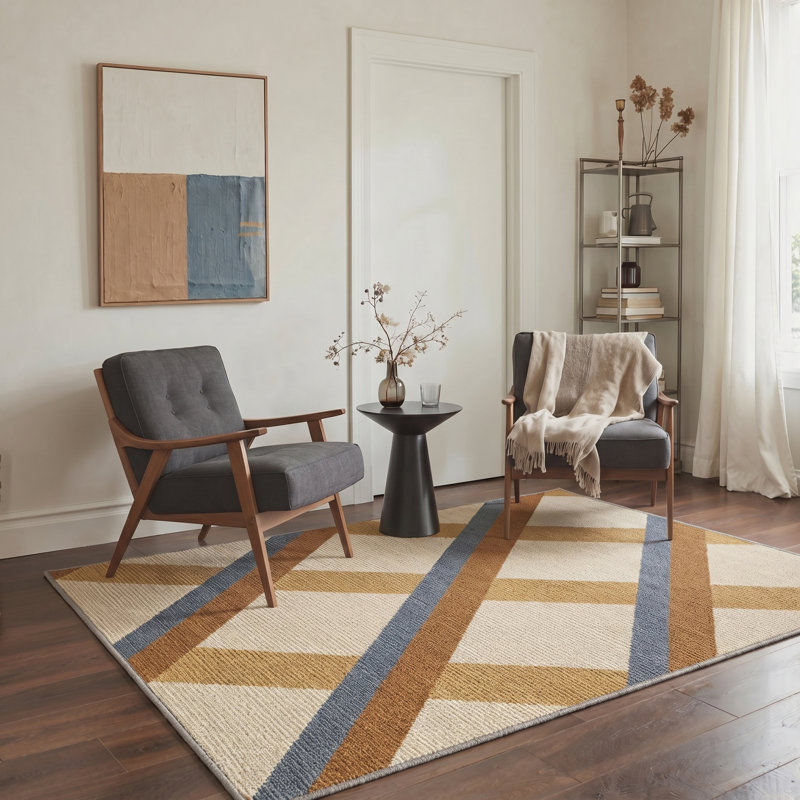 Tapis d'intérieur beige / brun / bleu lavable à la machine Arris avec envers antidérapant Arris, Rond 60 po x 60 po