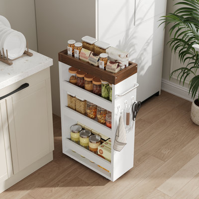 4-Tier Rolling Kitchen Cart With 3 Hooks and Wheels, Narrow Utility Cart Storage Cart with Handle