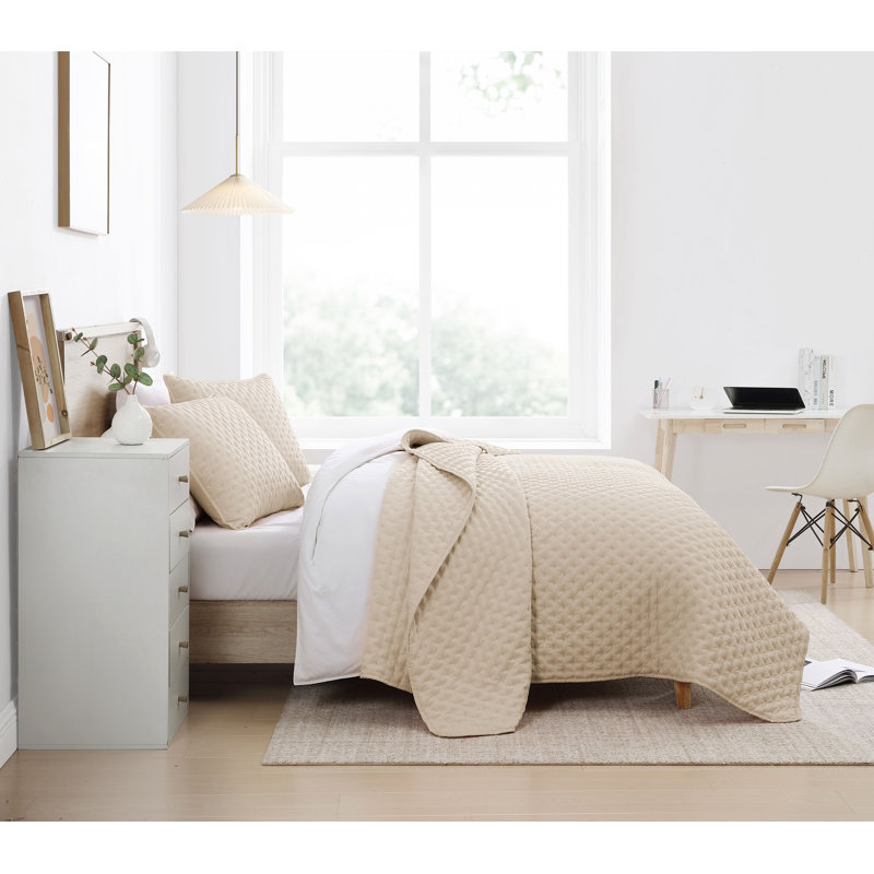 Beige Full Microfiber Bubble Quilt Set with Shams