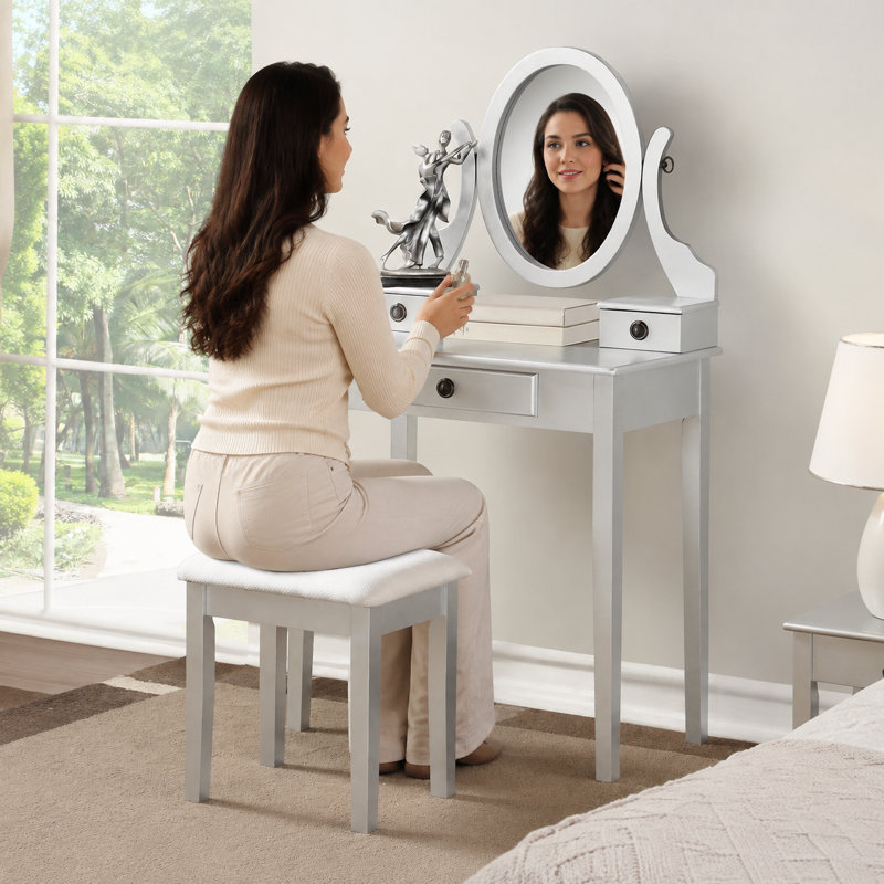  Ensemble de meuble-lavabo 30 "en bois massif avec miroir ovale et tabouret, argent. 