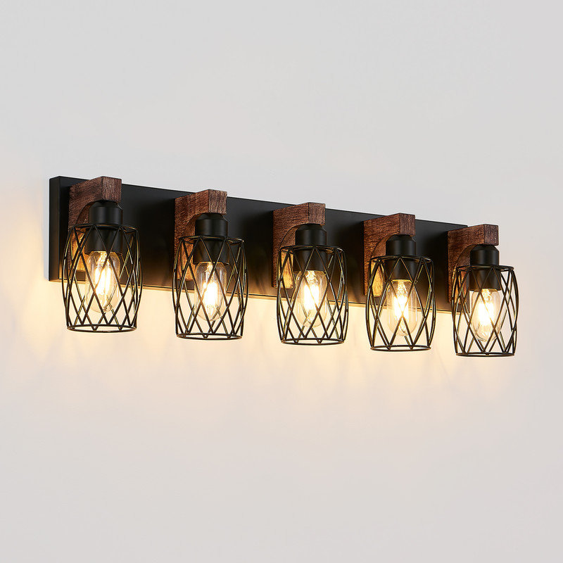 Applique murale industrielle 5 lumières avec accents en bois et abat-jour en métal