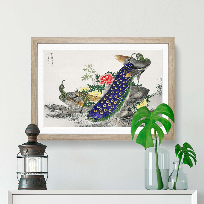 Peacocks & Peony Flower by Numata Kashu - Picture Frame Painting Print, 48cm H x 65cm W x 2cm D, Oak Framed