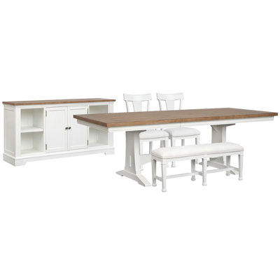 Table de salle à manger extensible à tréteaux avec banc et crédence