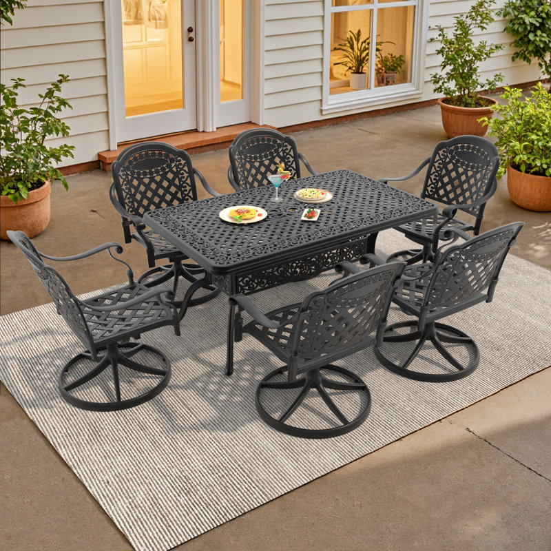 Ensemble de patio d'extérieur 7 pièces en fonte d'aluminium - Chaises de salle à manger pivotantes avec coussins et table rectangulaire