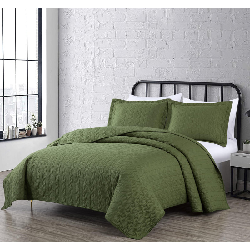 Solid Color Cotton Quilt Cotton Quilt, Queen Quilt + 2 Standard Shams, Loden