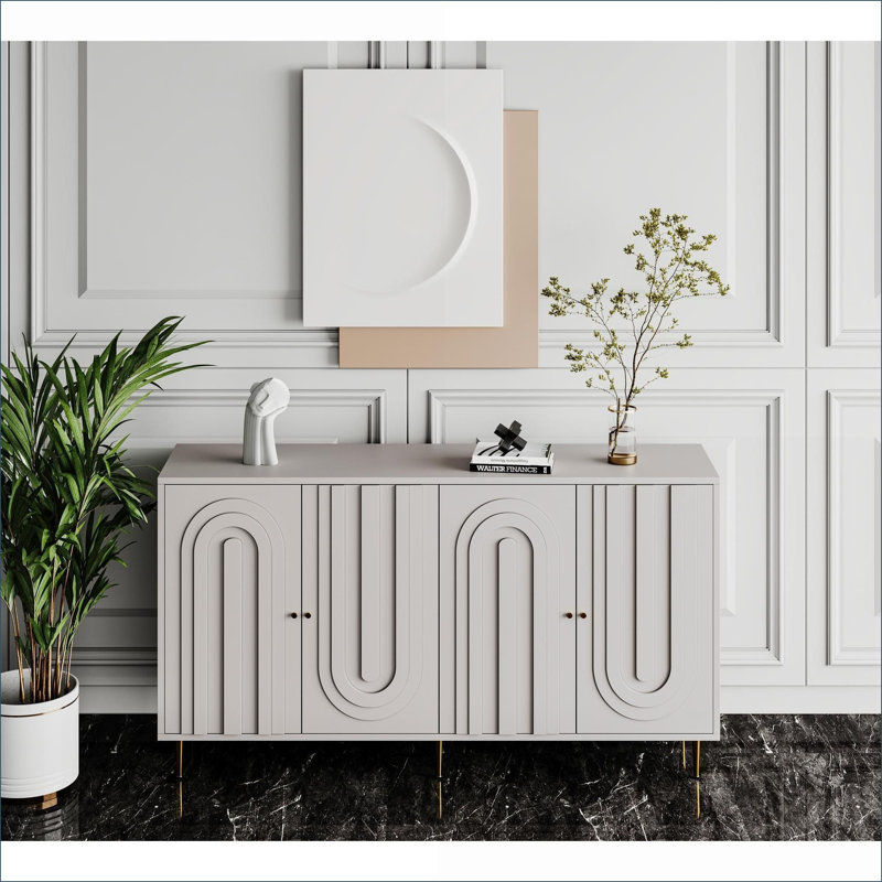 Armoires | Buffet moderne 4 portes gris ardoise avec tablettes réglables, pieds en métal stables, pour la cuisine d'entrée de salle à manger | Panneau de fibres à densité moyenne | Salon