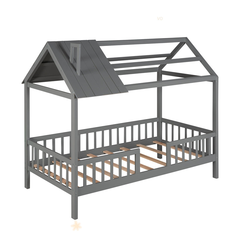 Lit simple en bois avec clôture, Gris
