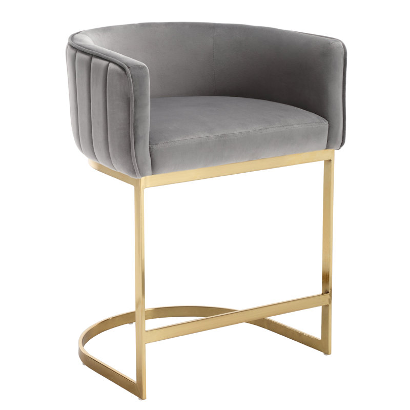 Tabouret de comptoir 24,5 po Naysharn, Velours gris velours, Doré, 1