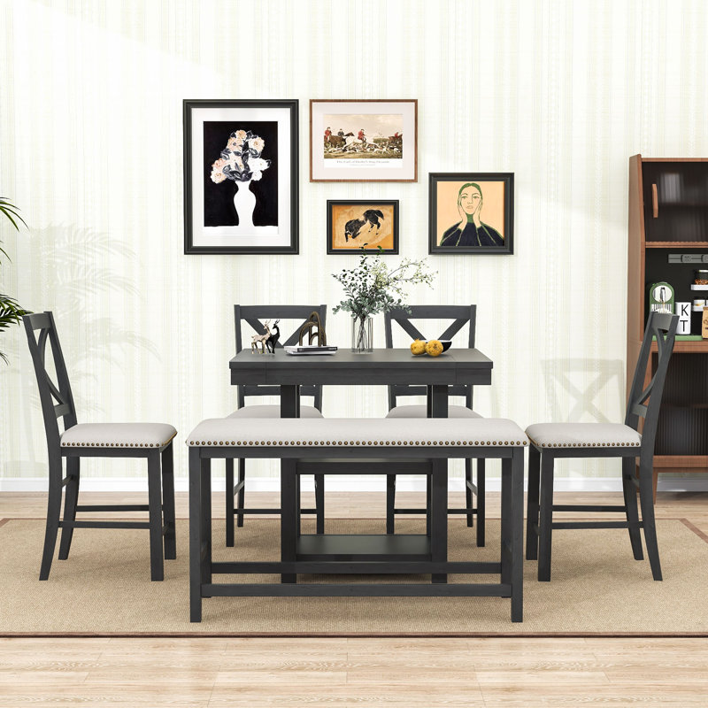 Ensemble de salle à manger 6 pièces, table extensible avec rallonge amovible, tablettes de rangement, chaises rembourrées et banc