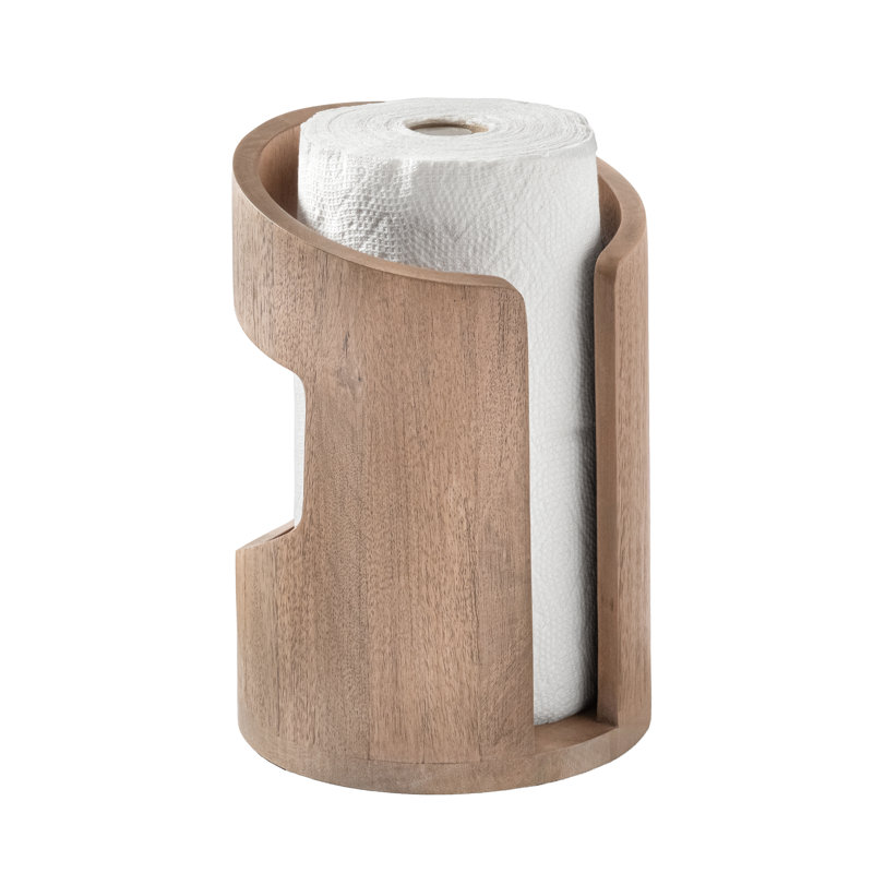 Wooden Paper Towel Holder with Top Load Space Design for Kitchen and Table Decor, Anti Skid Base, Eco Friendly Mango Wood & Metal Rod - Biscotti / Nickel