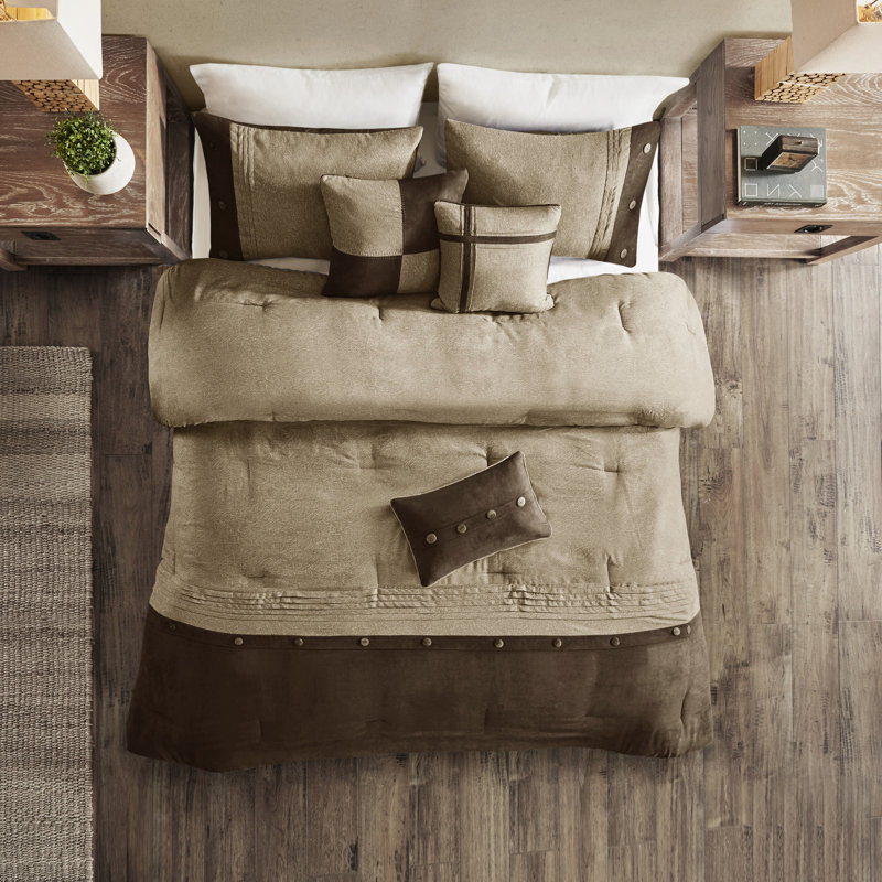 Édredon en très grand daim brun pour très grand lit - 7 pièces, style chalet, 3 taies décoratives et 1 housse d'inspiration lavable à la machine, bourre, 2 taies décoratives,