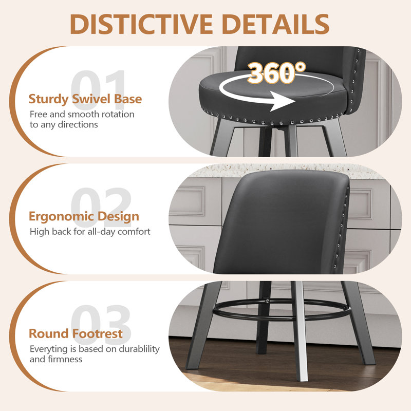 Gustavus Swivel Upholstered Counter Stool, Dark Gray, Counter Stool (26” Seat Height)