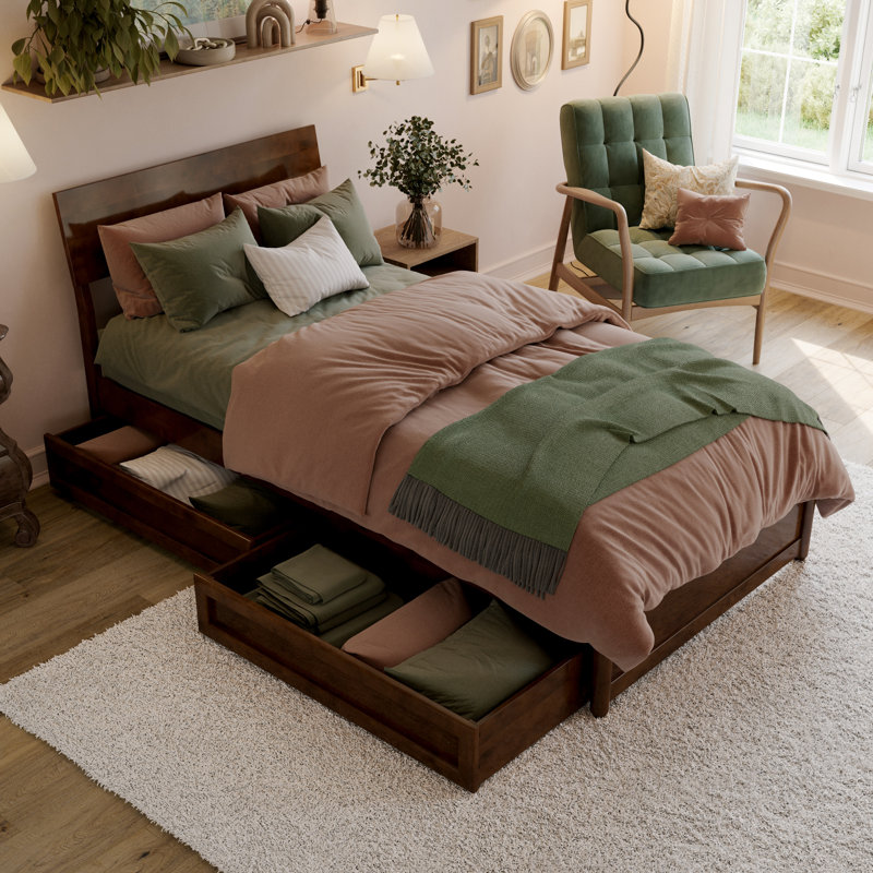 Norla Twin XL Wood Platform Bed with Footboard and Storage Drawers, White, Twin XL, Walnut