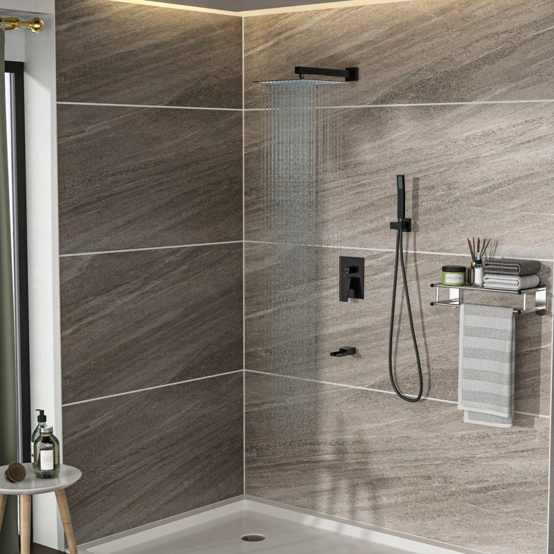 Douche murale en bronze huilé avec bec de baignoire en cascade - Carré de 12 pouces, 3 fonctions de pluie et portatif, - Valve équilibrée, système d'installation carré simple et méthode d'entretien
