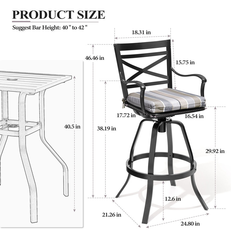 Tabouret de bar pivotant en aluminium coulé 29,92 po avec coussin Sunbrella Arhant, Gris / Blanc