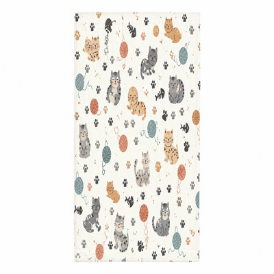 Serviette de plage pour chat 1Pcs, avec des chatons ludiques, des boules de laine et des empreintes de pattes dans un style de dessin animé fantaisiste. Grande microfibre, pour les sorties, les voyages, la natation, unisexe.