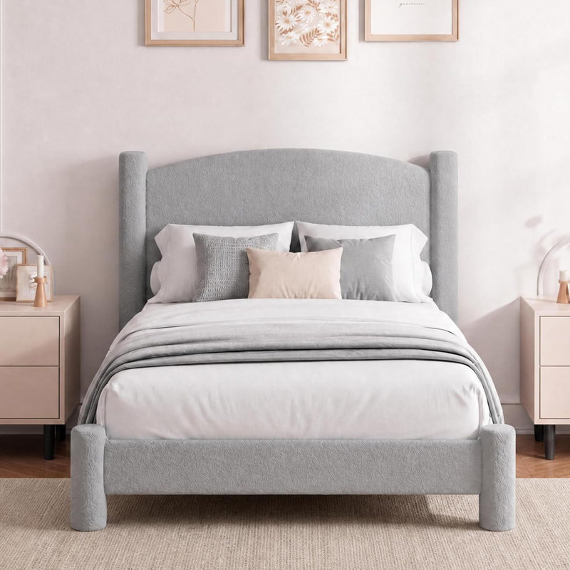 Base de lit Cloud avec tête de lit ronde et pieds cylindriques | Lit plateforme tapissier Soft Boucle, robuste et silencieux, aucun sommier tapissier requis