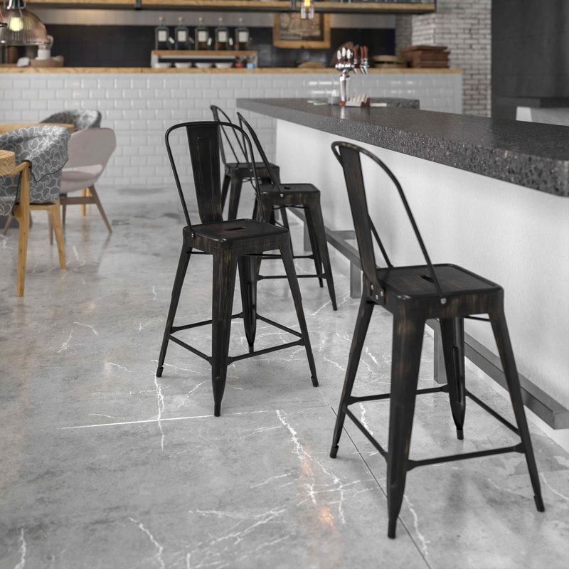 Iddings Metal Indoor-Outdoor Counter Height Stool with Back, Distressed Black/Antique Gold, 1