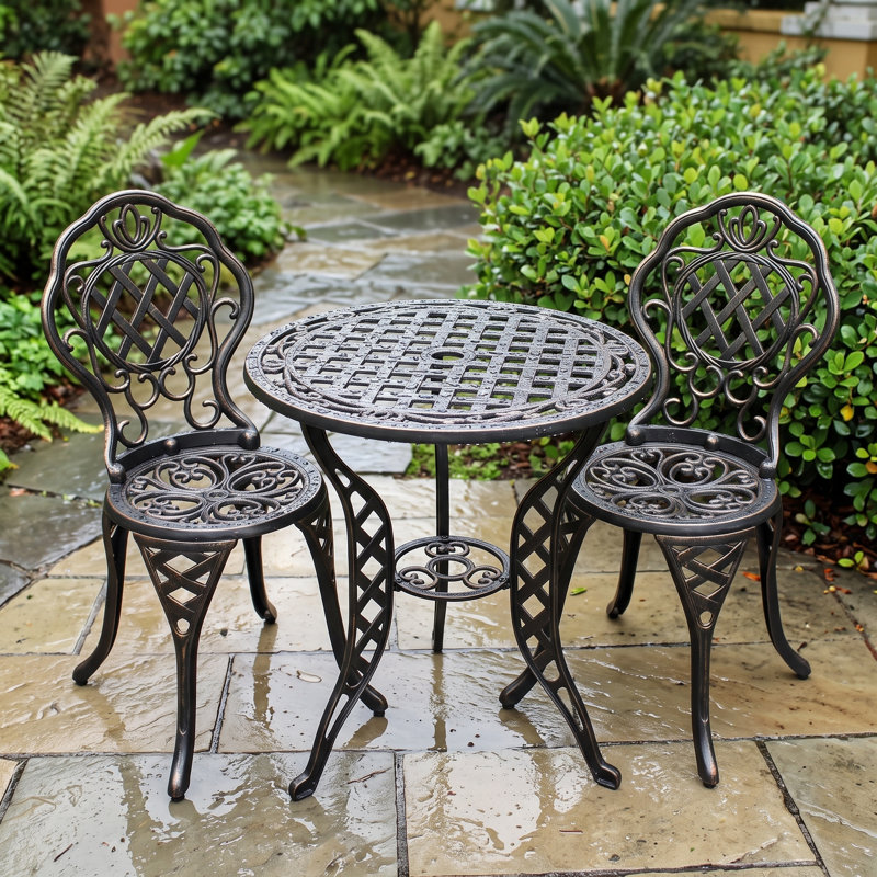 Ensemble de salle à manger d'extérieur en aluminium coulé 3 pièces avec table ronde et 2 chaises