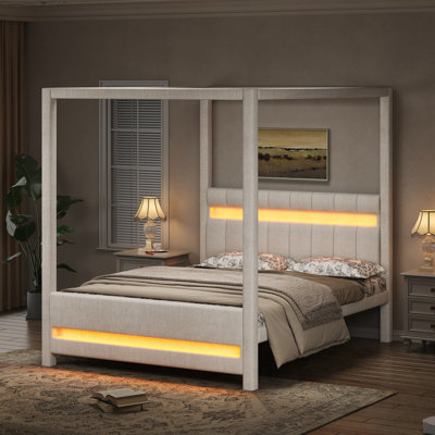 Queen Size Upholstered Canopy Platform Burt with LED Lights
