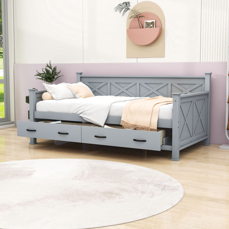 Twin-Sized Modern Farmhouse Daybed with X-Frame and Dual Storage Drawers, Gray