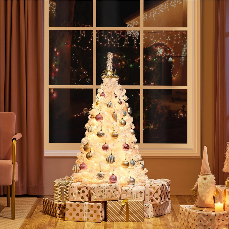 Sapin de Noël artificiel illuminé 4 pi avec base pliable, Blanc