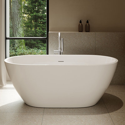 Baignoire de trempage autoportante en acrylique blanc à surface solide 59,06 "x 28,35" avec trop-plein et bonde escamotable en nickel satiné Ayago