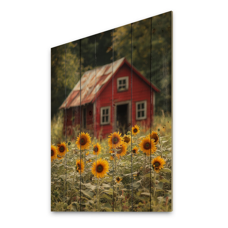 Tournesols par le poulailler II - décoration murale en bois de tournesols - sur bois de pin naturel