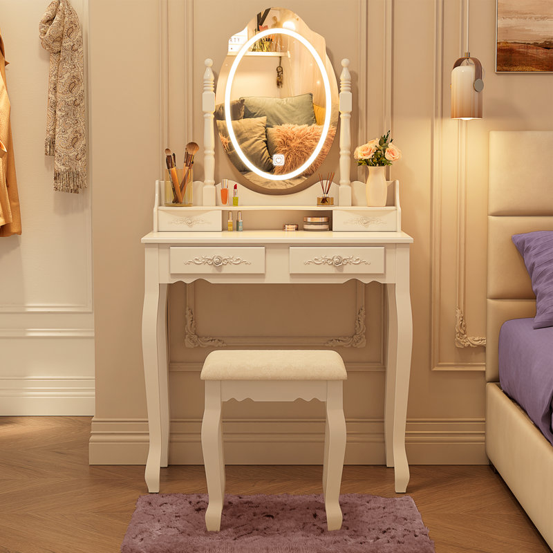 Jalea Vanity Desk with Mirror and Lights, Modern Makeup Table and Cushion Stool Set with 4 Drawers, White
