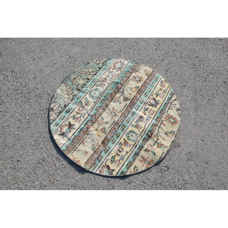 Tapis rond vintage turc Oushak: petit paillasson biologique antique avec un motif complexe