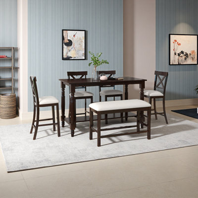 Ensemble de 6 tables de salle à manger à hauteur de comptoir avec 4 chaises et un banc pour la salle à manger