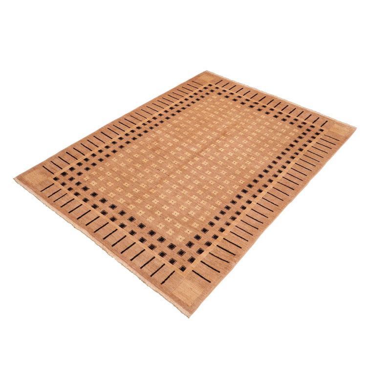 Tapis géométrique beige / noir en laine noué à la main à motif géométrique 5 pi 10 po x 8 pi 9 po Baccio