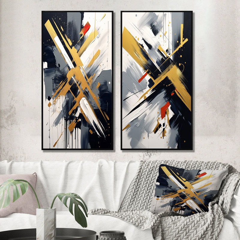 «Gold and Black Abstract Angles», 2 pièces sur toile, H 32 po x l 32 po, Cadre noir