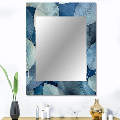 «Grey Blue Leafs» Harmony - miroir mural décoratif floral, grand miroir traditionnel, impression d'art en métal