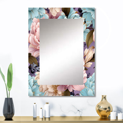 Reproduction de fleurs de pivoines bleues et roses pastel Kennert - grand miroir mural floral