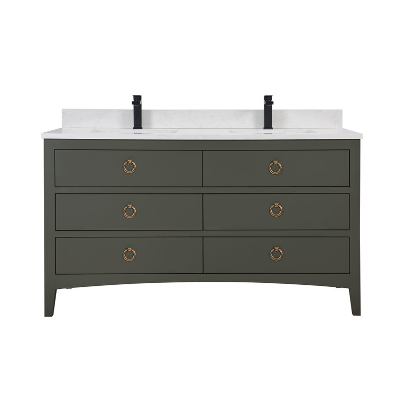 60" Solid Wood Sink Vanity With 1" Artificial Stone Top, Pewter Green, Rose Gold