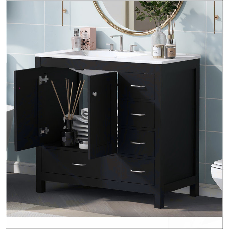 Ensemble de meuble-lavabo noir 36 po avec lavabo en céramique 36 po - 2 portes à fermeture douce et 5 tiroirs