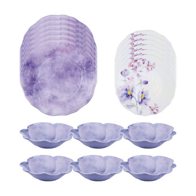 Lavender 18 Piece Melamine Dinnerware Set Plate and Bowl Set - Service for 6