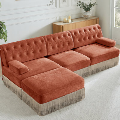 Red Brown 3 - Seater Velvet Sectional With Tassel Skirt, Fleece, Easy To Assemble , Smooth Sitting Experience