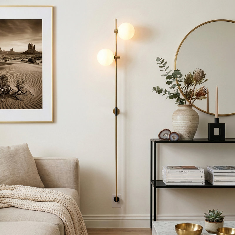 Equinox 62" Modern Industrial Plug-In Wall Sconce with Gold Finish, Adjustable Heads, and Frosted Globe Shades, Integrated LED