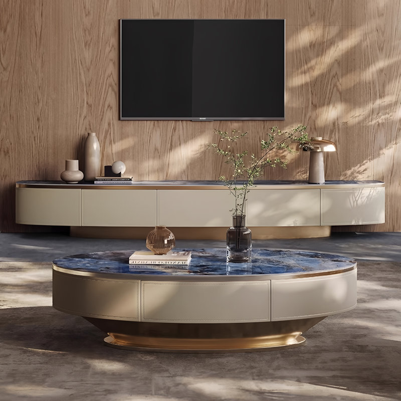 Modern Oval Coffee Table with Sapphire Top and Leather Veneer drawer, Base