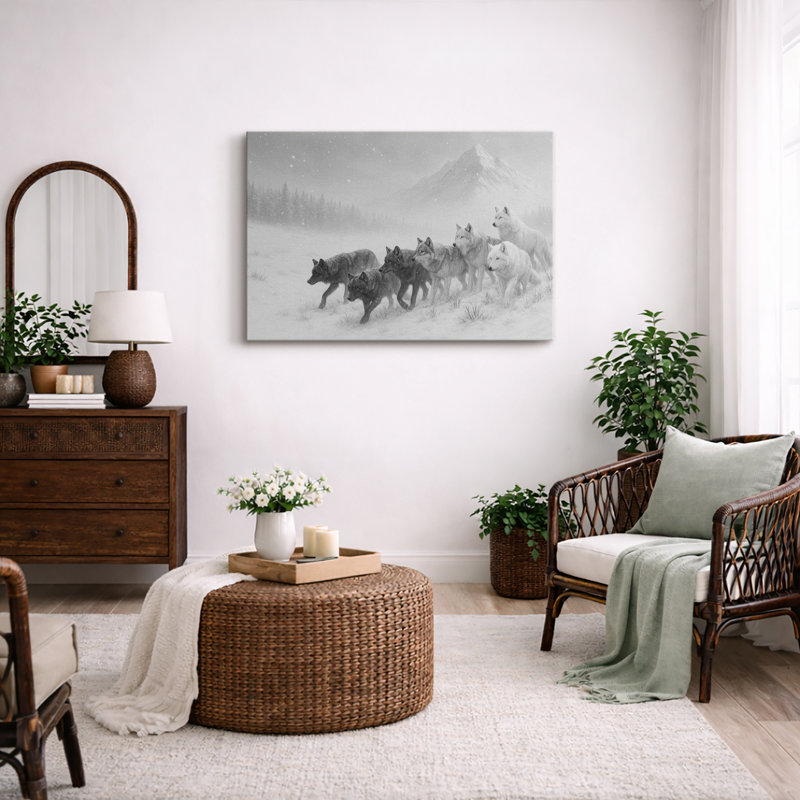 «Wolf Pack Walking Through Snowy Landscape», reproduction d'art sur toile, H 32 po x l 48 po, Toile tendue