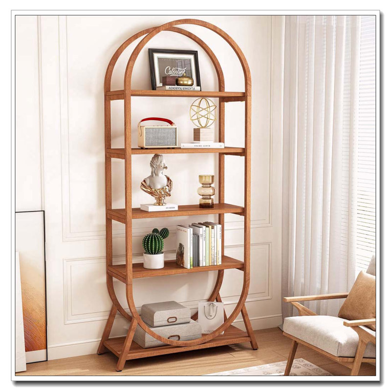 70.8" 5-Tier Modern Brown Arched Open Bookshelf For Office, Bedroom, Living Room