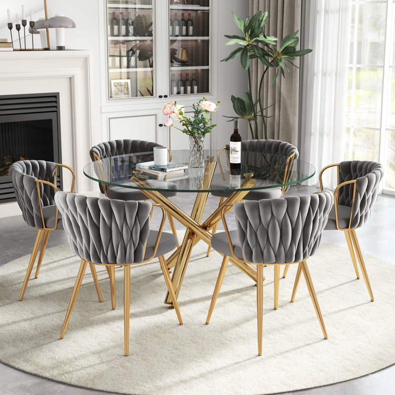 Ensemble de salle à manger 47 po, 7 pièces : table, 6 chaises, Gris, Doré