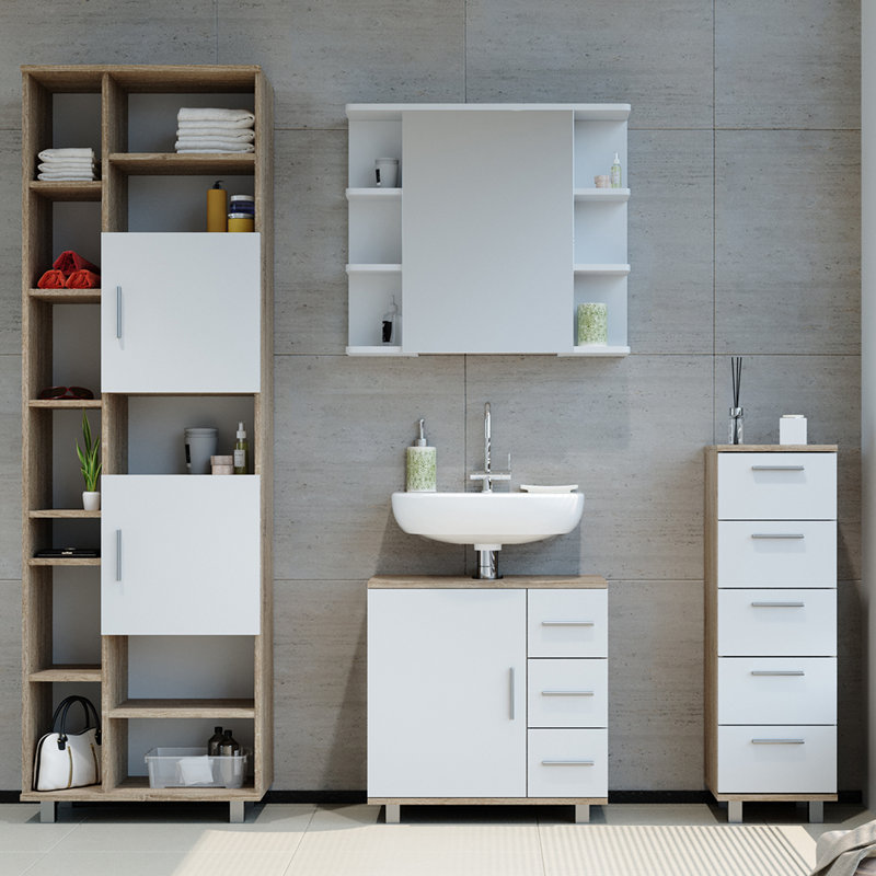 Jarelin Freestanding and Wall Bathroom Storage Furniture Set, White/Sonoma Oak