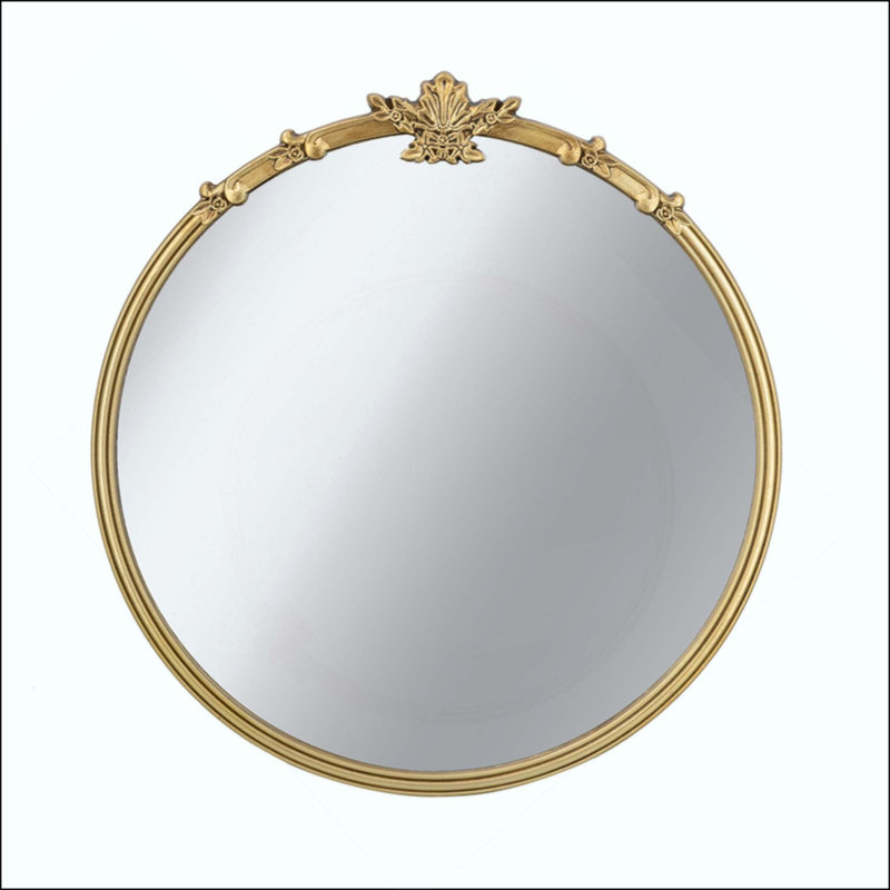 Round Wall Mirror With  Finish And Decorative Leaf Crest