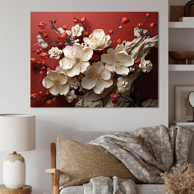 Orchidée blanche et rouge, branches de fleur V - art mural floral abstrait